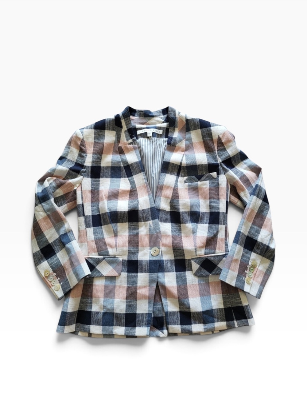 Veronica Beard Plaid Dickey Blazer SZ 6 Navy, Blush, Cream EUC